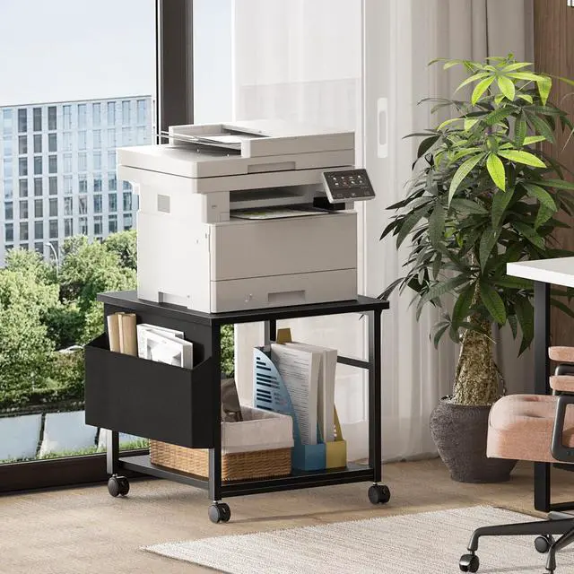 Alt view image 5 of 7 - Black Large Printer Stand with Storage, 23.6" W x 23.6" D x 22.8" H Printer Table for Home Office, Rolling Printer Cart Holder with Lockable Wheels, Mobile Mini Fridge Stand Table