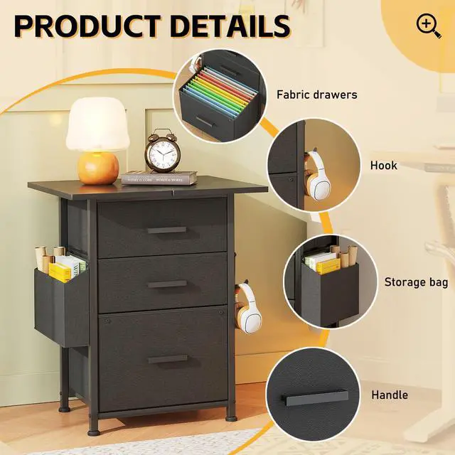 Alt view image 4 of 7 - 3-Drawer Mobile File Cabinet with 22" Wide Printer Stand, Fabric Under Desk Filing Cabinet with Side Bag & Headphone Hook, Fits Letter/A4 Size Hanging File Folders, Rolling Home Office Organizer,Black