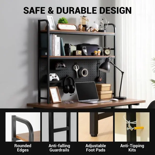 Alt view image 4 of 7 - Desktop Shelf, Desk Hutch with Grid Panel, Desktop 2-Tier Display Rack, Multipurpose Metal Desktop Bookshelf Storage Organizer, Black