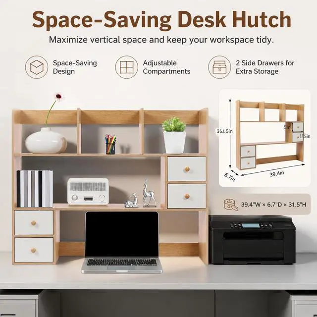 Alt view image 4 of 7 - Desktop Bookshelf, Adjustable Desk Hutch Organizer with 8 Shelves & 4 Drawers, Extendable Desk Storage Organizer, Desktop Shelves Rack Top Bookcase for Home Office