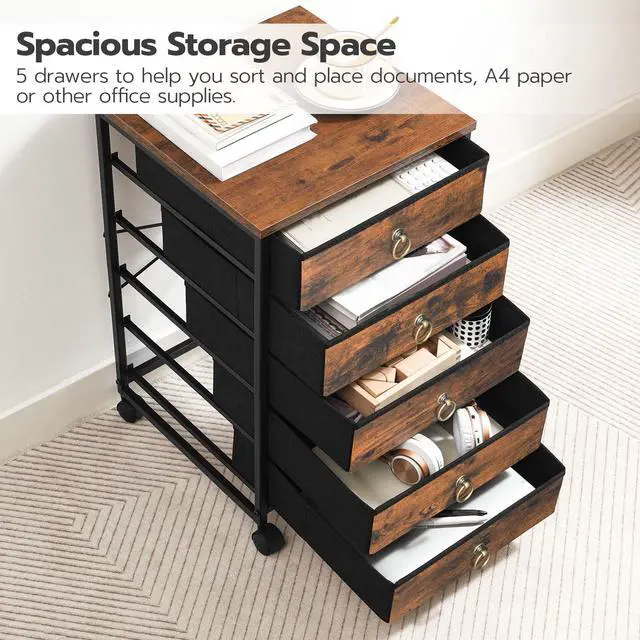 Alt view image 3 of 7 - 5-Drawer Chest, File Cabinet, Office Cabinet with Drawers, Rolling Printer Stand for Living Room, Home Office, Nonwovens Drawer, Easy Assembly, Rustic Brown BF50WJ01