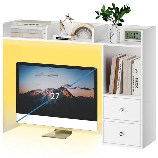 Alt view image 6 of 7 - Desktop Bookshelf with LED Lights and 4 Shelves | 36.6", 2 Drawers, Fits 27" Monitor, Desk Organizer Shelf, Dorm Office Home, White
