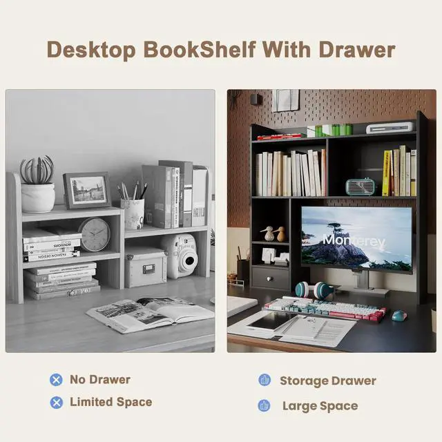 Alt view image 5 of 7 - Desktop Bookshelf, 36.4" DormDesk Hutch with 5 Shelves | Countertop Desk Hutch, 1 Drawer,for Computer Desk, Desk Shelf Organizer, Dorm Office Home, White
