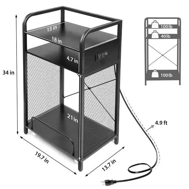 Alt view image 4 of 7 - 3-Tier Printer and Shredder Stand with Pull Out Shelf, 20" L x 14" W x 34" H Floor-Standing Printer Shredder Stand with Power Outlet, Printer Stand with Shredder Storage, Office Storage Rack