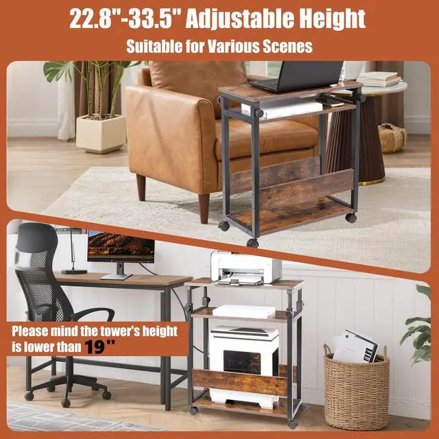 Alt view image 4 of 7 - Height Adjustable Computer Tower Stand, Top Adjustable 24"Wx12"Dx23"-38"H | Printer Stands with Wheels, PC Tower Stand, Printer Table for Home Office, Holds Up to 132 lbs (Fits Tower Lower Than 19")