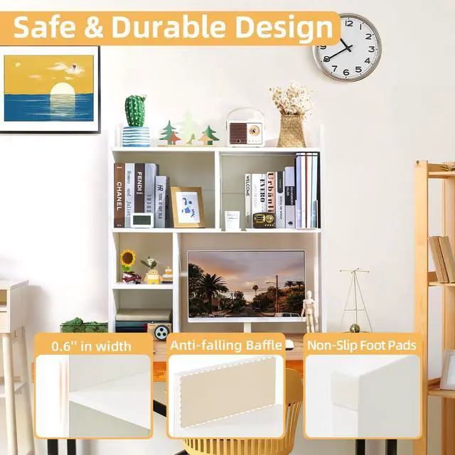 Alt view image 4 of 7 - Desktop Shelf, Desk Hutch with 5 Shelves for Computer Desk, Desktop 3-Tier Display Rack, Multipurpose Wood Desktop Bookshelf Storage Organizer for Dorm Office Home, White