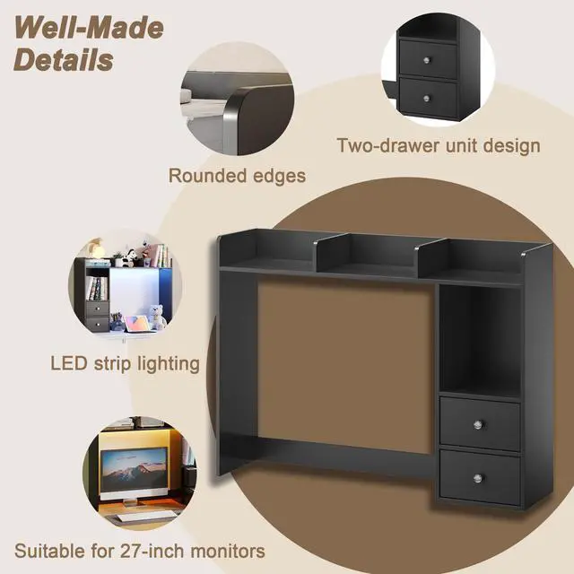 Alt view image 4 of 7 - Desktop Bookshelf with LED Lights and 4 Shelves | 36.6", 2 Drawers, Fits 27" Monitor, Desk Organizer Shelf, Dorm Office Home, Black