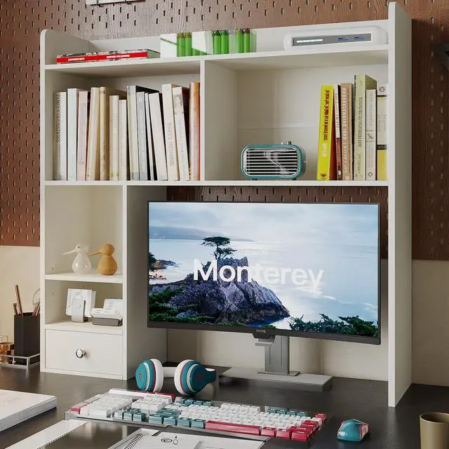Main image of Desktop Bookshelf, 36.4" DormDesk Hutch with 5 Shelves | Countertop Desk Hutch, 1 Drawer,for Computer Desk, Desk Shelf Organizer, Dorm Office Home, White