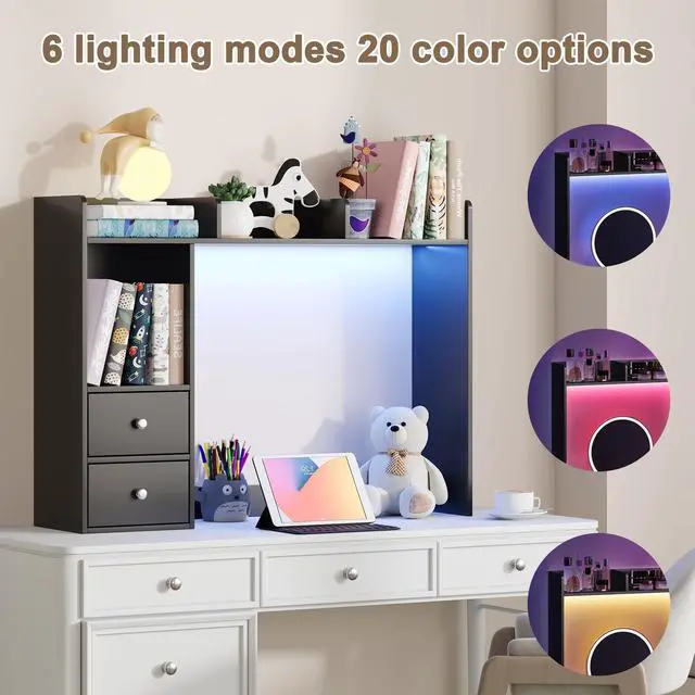 Alt view image 3 of 7 - Desktop Bookshelf with LED Lights and 4 Shelves | 36.6", 2 Drawers, Fits 27" Monitor, Desk Organizer Shelf, Dorm Office Home, Black