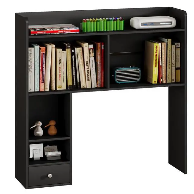 Alt view image 7 of 7 - Desktop Bookshelf, 36.4" DormDesk Hutch with 5 Shelves | Countertop Desk Hutch, 1 Drawer,for Computer Desk, Desk Shelf Organizer, Dorm Office Home, White