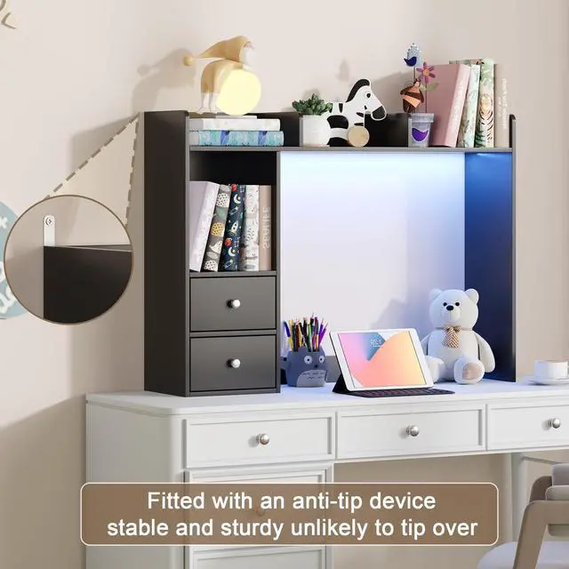 Alt view image 6 of 7 - Desktop Bookshelf with LED Lights and 4 Shelves | 36.6", 2 Drawers, Fits 27" Monitor, Desk Organizer Shelf, Dorm Office Home, Black