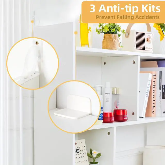 Alt view image 5 of 7 - Desktop Shelf, Desk Hutch with 5 Shelves for Computer Desk, Desktop 3-Tier Display Rack, Multipurpose Wood Desktop Bookshelf Storage Organizer for Dorm Office Home, White