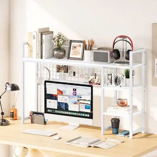 Alt view image 2 of 7 - Desk Shelf, 44.9" Desktop Organizer Shelf, Desk Hutch for Computer Monitor, 4 Tier Desk Display Rack with Pegboard Hooks Set, Wood Desktop Bookshelf for Home Office Dorm