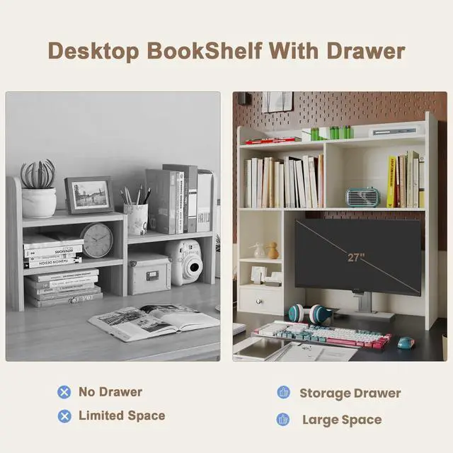 Alt view image 5 of 7 - Desktop Bookshelf, 36.4" DormDesk Hutch with 5 Shelves | Countertop Desk Hutch, 1 Drawer,for Computer Desk, Desk Shelf Organizer, Dorm Office Home, White