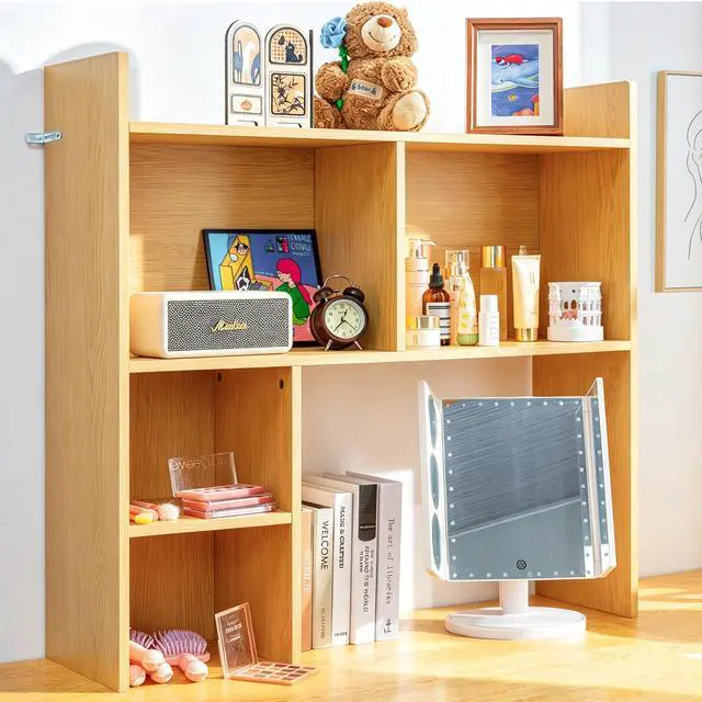 Alt view image 4 of 7 - Desktop Shelf, Desk Hutch with 5 Shelves for Computer Desk, Desktop 3-Tier Display Rack, Multipurpose Wood Desktop Bookshelf Storage Organizer for Dorm Office Home, Natural