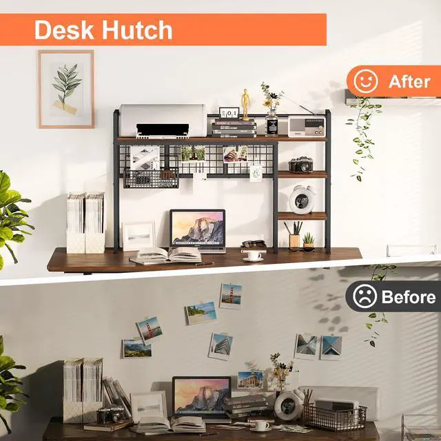 Alt view image 7 of 7 - Desk Shelf, 44.9" Desktop Organizer Shelf, Desk Hutch for Computer Monitor, 4 Tier Desk Display Rack with Pegboard Hooks Set, Wood Desktop Bookshelf for Home Office Dorm