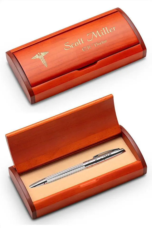 Main image of Diamond Cut Personalized Ballpoint Pen with Wood Box for Doctors with Custom Engraving