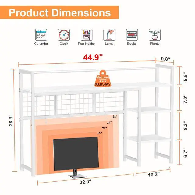 Alt view image 3 of 7 - Desk Shelf, 44.9" Desktop Organizer Shelf, Desk Hutch for Computer Monitor, 4 Tier Desk Display Rack with Pegboard Hooks Set, Wood Desktop Bookshelf for Home Office Dorm