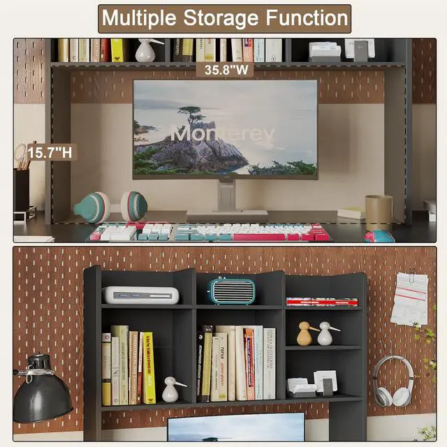 Alt view image 5 of 7 - Desk Hutch Dorm, Desktop Bookshelf with 7 Shelves | Desktop Shelf, Bookshelf Storage for College Dorm Office Home, Black