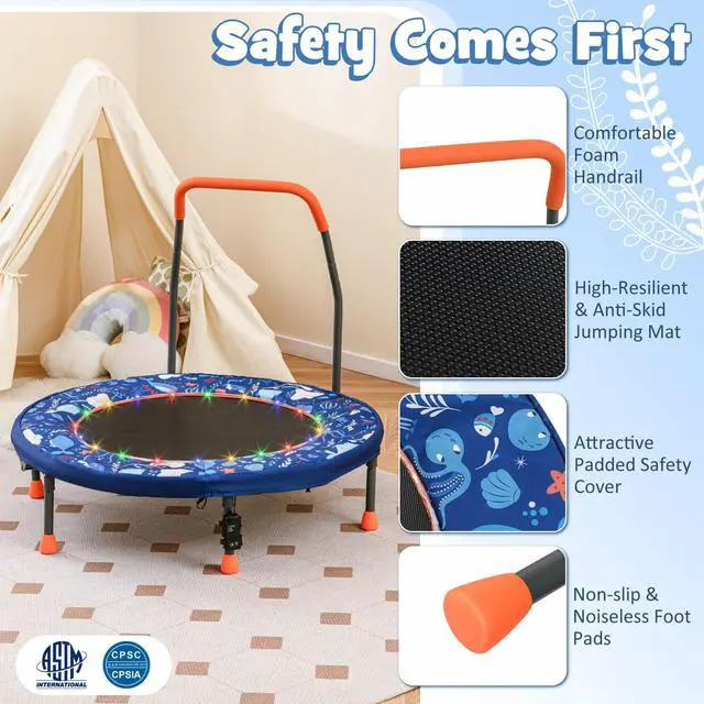 Alt view image 2 of 7 - 36 Toddler Trampoline with Lights, Folding Springless ASTM Approved Small Kids Rebounder with Foam Handle, Safety Padded Cover & Foldable Legs, Mini Indoor Baby Trampolines (Dark Blue)