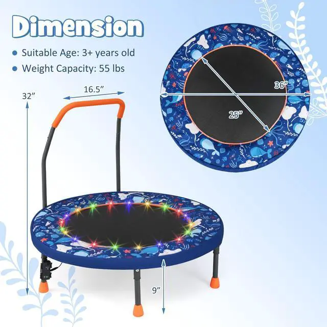 Alt view image 6 of 7 - 36 Toddler Trampoline with Lights, Folding Springless ASTM Approved Small Kids Rebounder with Foam Handle, Safety Padded Cover & Foldable Legs, Mini Indoor Baby Trampolines (Dark Blue)