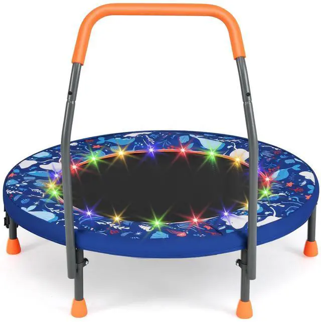 Main image of 36 Toddler Trampoline with Lights, Folding Springless ASTM Approved Small Kids Rebounder with Foam Handle, Safety Padded Cover & Foldable Legs, Mini Indoor Baby Trampolines (Dark Blue)