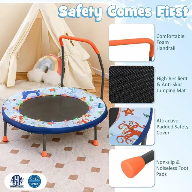 Alt view image 5 of 7 - 36 Toddler Trampoline with Lights, Folding Springless ASTM Approved Small Kids Rebounder with Foam Handle, Safety Padded Cover & Foldable Legs, Mini Indoor Baby Trampolines