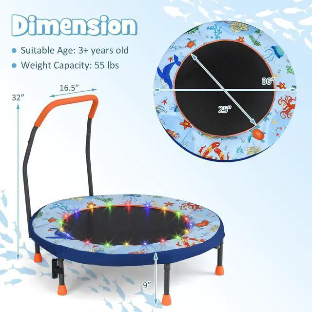 Alt view image 6 of 7 - 36 Toddler Trampoline with Lights, Folding Springless ASTM Approved Small Kids Rebounder with Foam Handle, Safety Padded Cover & Foldable Legs, Mini Indoor Baby Trampolines