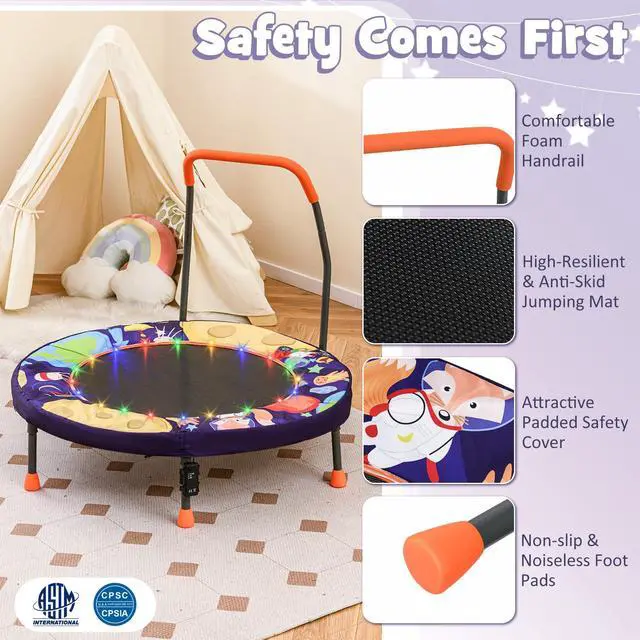 Alt view image 2 of 7 - 36 Toddler Trampoline with Lights, Folding Springless ASTM Approved Small Kids Rebounder with Foam Handle, Safety Padded Cover & Foldable Legs, Mini Indoor Baby Trampolines