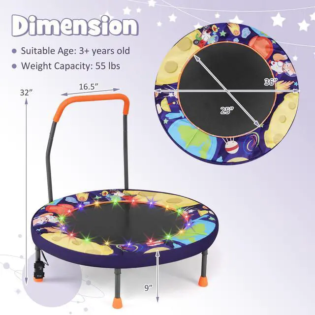 Alt view image 7 of 7 - 36 Toddler Trampoline with Lights, Folding Springless ASTM Approved Small Kids Rebounder with Foam Handle, Safety Padded Cover & Foldable Legs, Mini Indoor Baby Trampolines
