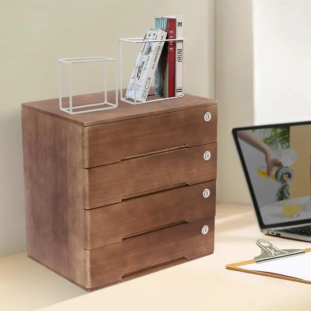 Alt view image 4 of 7 - Vintage 4-Drawer Wooden Desk Organizer - Stackable Craft Storage Drawers with Lock - Rustic Tool Box with Drawers - Multilevel Apothecary Cabinet - Ideal Home Office Organizers and Accessories