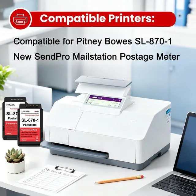 Alt view image 2 of 6 - SL-870-1 Postage Red Ink Cartridge Compatible for Pitney Bowes SL-870-1 New SendPro Mailstation Postage Meter (CSD1) - 2 Pack 18ML SL-870-1 XXL Fluorescent Red Ink Cartridge