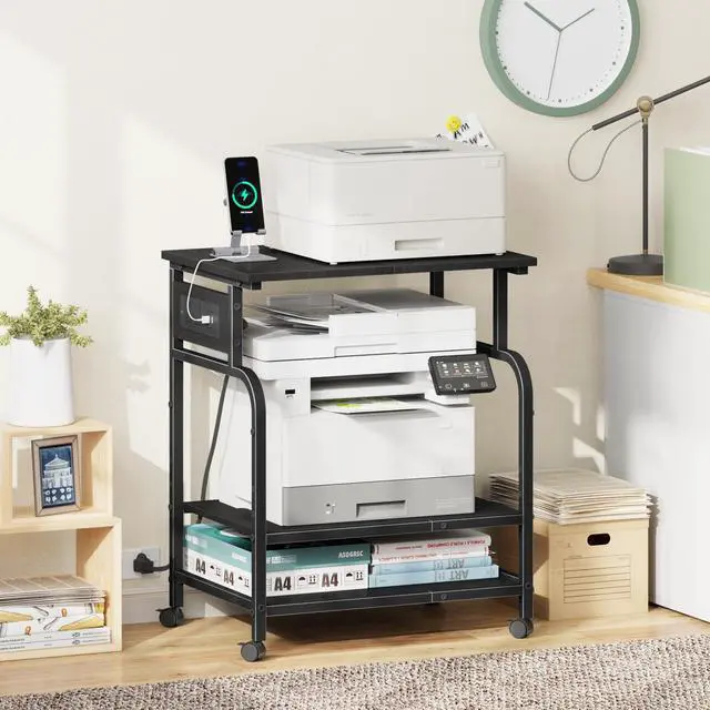Alt view image 2 of 7 - 3 Tier Large Printer Stand with Power Outlet/Adjustable Shelf | 22"x15" Large Top,Fit 2-3 printers,Rolling Cart with Wheels,Table for Home Office,Fit 3D Printer/Heat Press/Laser,Black