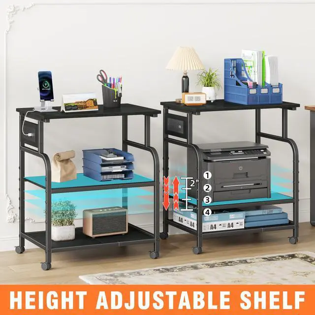 Alt view image 3 of 7 - 3 Tier Large Printer Stand with Power Outlet/Adjustable Shelf | 22"x15" Large Top,Fit 2-3 printers,Rolling Cart with Wheels,Table for Home Office,Fit 3D Printer/Heat Press/Laser,Black