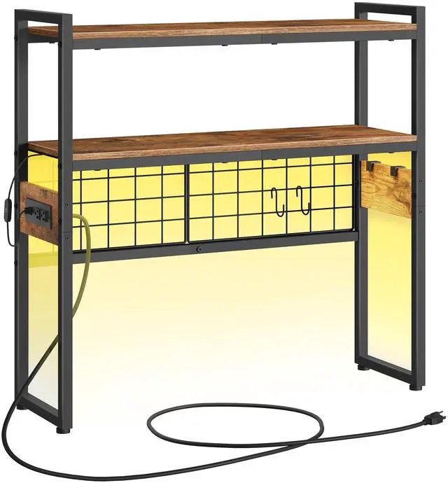 Main image of Desktop Bookcase, 2-Tier Desktop Organizer, 29.9" Wooden Office Storage Rack with Outlets, Display Shelf Rack with Light Strip, Desk Hutch for Office, Rustic Brown BF11UDSJ01