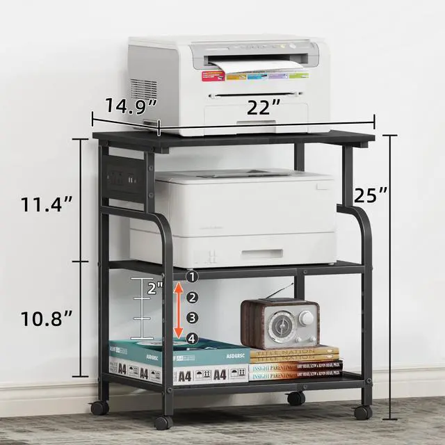 Alt view image 7 of 7 - 3 Tier Large Printer Stand with Power Outlet/Adjustable Shelf | 22"x15" Large Top,Fit 2-3 printers,Rolling Cart with Wheels,Table for Home Office,Fit 3D Printer/Heat Press/Laser,Black