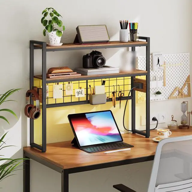 Alt view image 2 of 7 - Desktop Bookcase, 2-Tier Desktop Organizer, 29.9" Wooden Office Storage Rack with Outlets, Display Shelf Rack with Light Strip, Desk Hutch for Office, Rustic Brown BF11UDSJ01