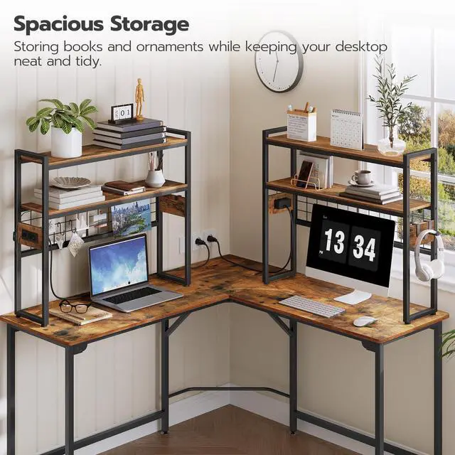 Alt view image 6 of 7 - Desktop Bookcase, 2-Tier Desktop Organizer, 29.9" Wooden Office Storage Rack with Outlets, Display Shelf Rack with Light Strip, Desk Hutch for Office, Rustic Brown BF11UDSJ01