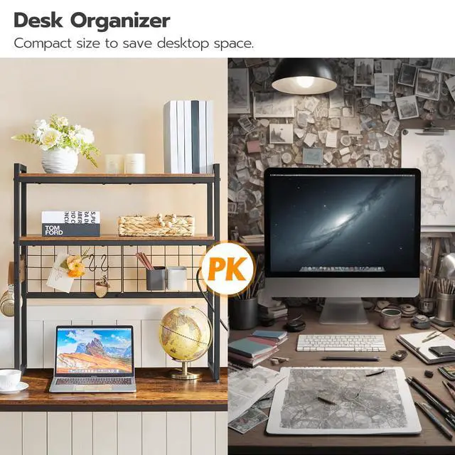 Alt view image 7 of 7 - Desktop Bookcase, 2-Tier Desktop Organizer, 29.9" Wooden Office Storage Rack with Outlets, Display Shelf Rack with Light Strip, Desk Hutch for Office, Rustic Brown BF11UDSJ01