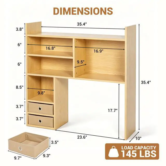 Alt view image 2 of 7 - Desktop Bookshelf, High-Capacity Desk Hutch Organizer with 7 Shelves and 2 Drawers for Computer Desk, Desk Shelf Organizer for Dorm Office Home, Natural