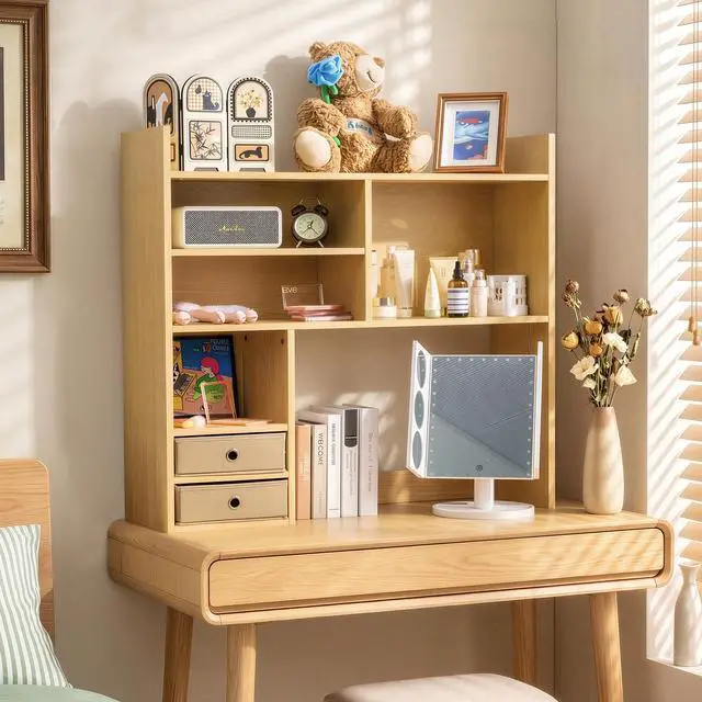 Alt view image 4 of 7 - Desktop Bookshelf, High-Capacity Desk Hutch Organizer with 7 Shelves and 2 Drawers for Computer Desk, Desk Shelf Organizer for Dorm Office Home, Natural