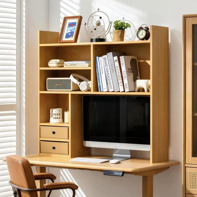 Alt view image 3 of 7 - Desktop Bookshelf, High-Capacity Desk Hutch Organizer with 7 Shelves and 2 Drawers for Computer Desk, Desk Shelf Organizer for Dorm Office Home, Natural