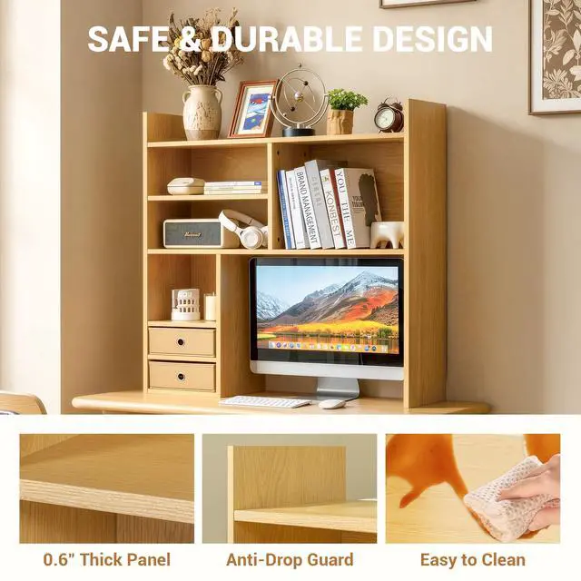 Alt view image 5 of 7 - Desktop Bookshelf, High-Capacity Desk Hutch Organizer with 7 Shelves and 2 Drawers for Computer Desk, Desk Shelf Organizer for Dorm Office Home, Natural