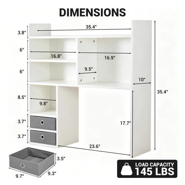 Alt view image 2 of 7 - Desktop Bookshelf, High-Capacity Desk Hutch Organizer with 7 Shelves and 2 Drawers for Computer Desk, Desk Shelf Organizer for Dorm Office Home, White