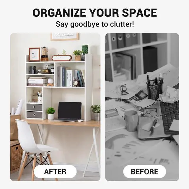 Alt view image 4 of 7 - Desktop Bookshelf, High-Capacity Desk Hutch Organizer with 7 Shelves and 2 Drawers for Computer Desk, Desk Shelf Organizer for Dorm Office Home, White