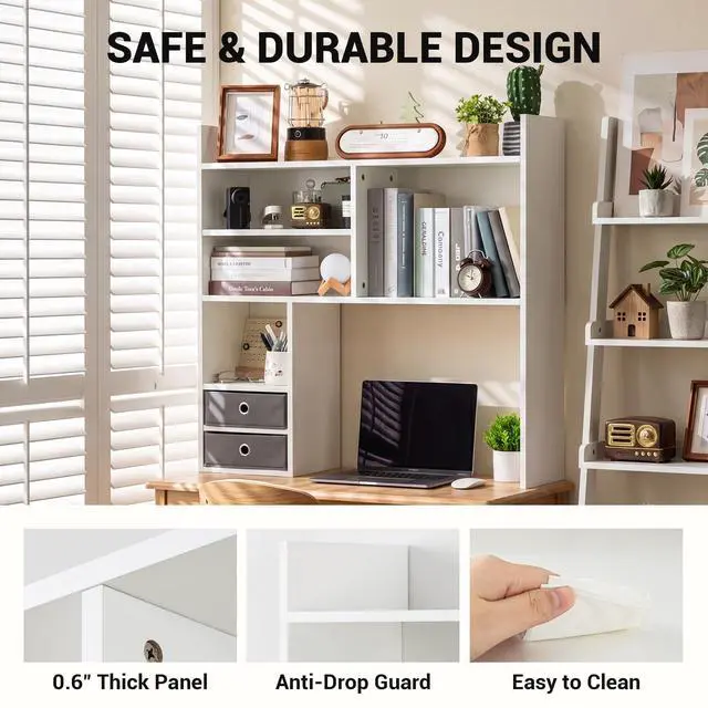 Alt view image 3 of 7 - Desktop Bookshelf, High-Capacity Desk Hutch Organizer with 7 Shelves and 2 Drawers for Computer Desk, Desk Shelf Organizer for Dorm Office Home, White