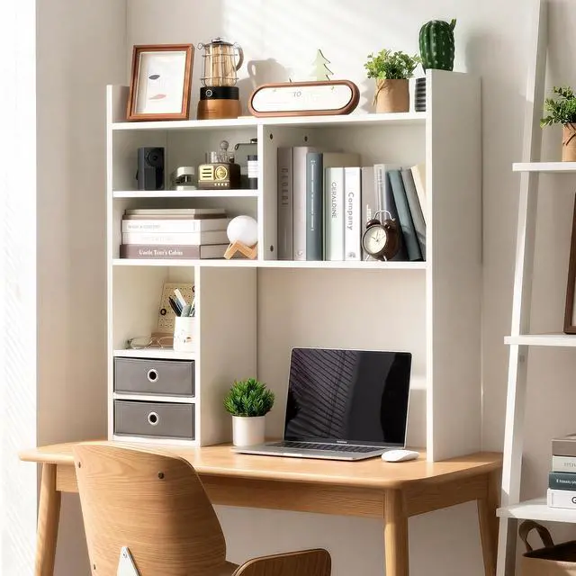 Alt view image 7 of 7 - Desktop Bookshelf, High-Capacity Desk Hutch Organizer with 7 Shelves and 2 Drawers for Computer Desk, Desk Shelf Organizer for Dorm Office Home, White