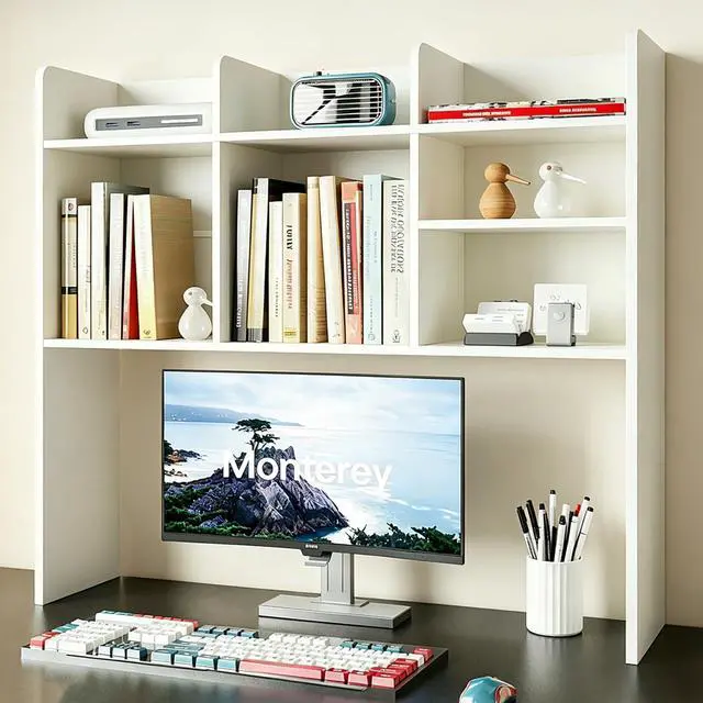 Main image of Desk Hutch Dorm, Desktop Bookshelf with 7 Shelves | Desktop Shelf, Bookshelf Storage for College Dorm Office Home, White