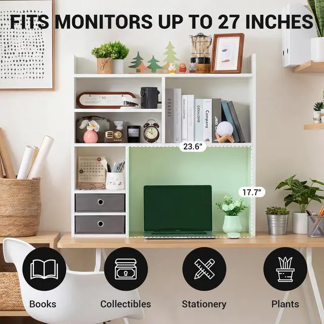 Alt view image 6 of 7 - Desktop Bookshelf, High-Capacity Desk Hutch Organizer with 7 Shelves and 2 Drawers for Computer Desk, Desk Shelf Organizer for Dorm Office Home, White