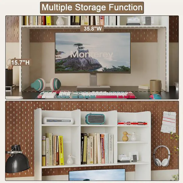 Alt view image 6 of 7 - Desk Hutch Dorm, Desktop Bookshelf with 7 Shelves | Desktop Shelf, Bookshelf Storage for College Dorm Office Home, White